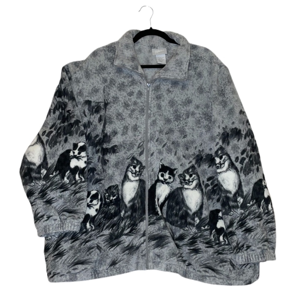 Vintage Cat Kitten All Over Print Zip Up Fleece Sweatshirt Size XXL Cozy Warm